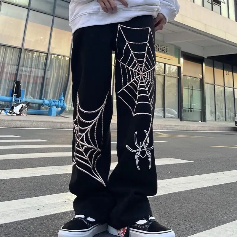 

Oversize Spider Web Jeans Men and Women Embroidery Straight Casual Pants 2022 Vibe Style Ripped Loose Denim Trousers Streetwear