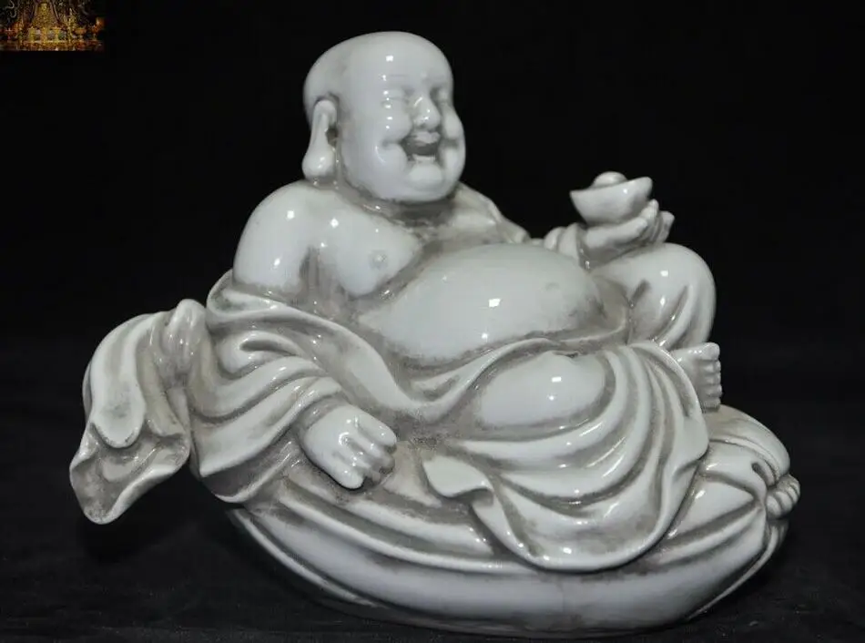 

China Temple Dehua Old porcelain yuanbao moneybag Wealth Maitreya buddha Statue