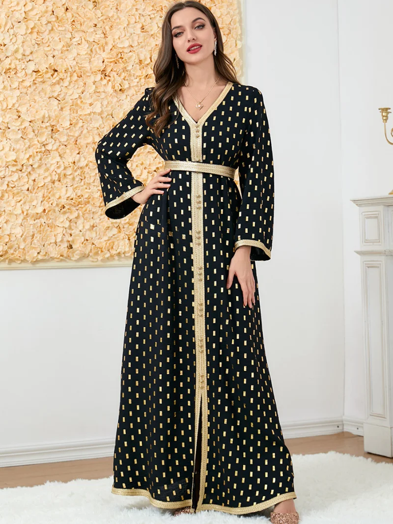 Dresses For Women 2022 Tape Trim V-Neck Button Long Sleeve Maxi Dress Turkey Dubai Arabic Oman Moroccan Caftan Muslim Clothes