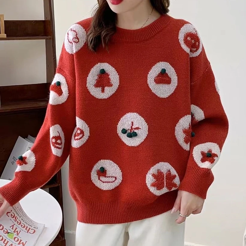 

Korean Style Chrismas Gift Cartoon Embroidery Red Sweater Oversized Knitted Pullover Kawaii Clothes Thicken Warm Winter Y2K Tops