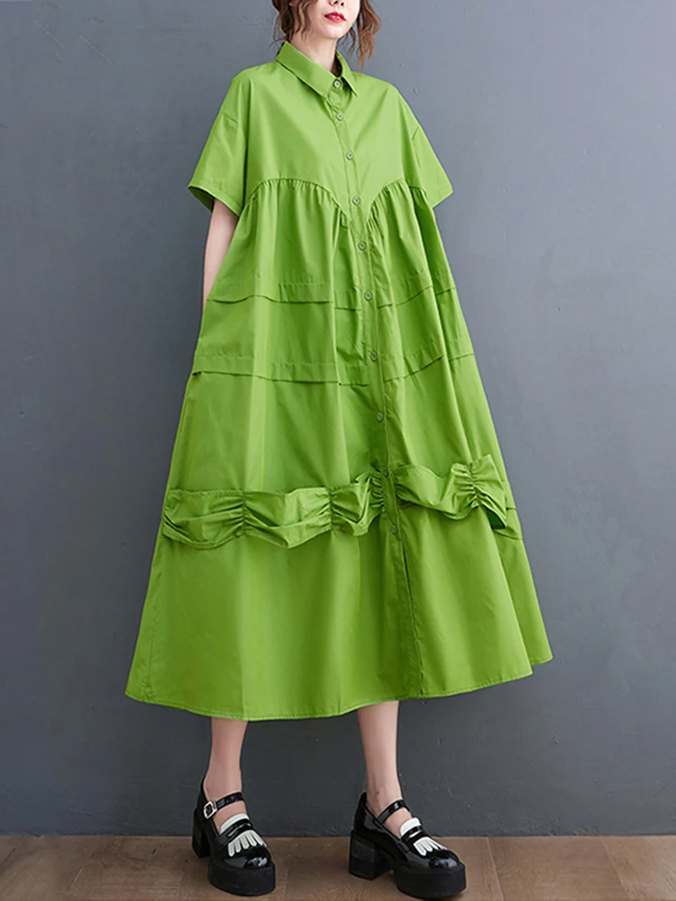 

Женское винтажное платье-рубашка составного кроя, зеленое свободное повседневное длинное платье с коротким рукавом, Модная элегантная оде...