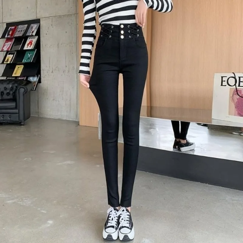 

Женские брюки-карандаш, хлопковые брюки, новинка 2022, леггинсы с карманами, облегающие леггинсы с высокой талией для бега, обтягивающие черны...