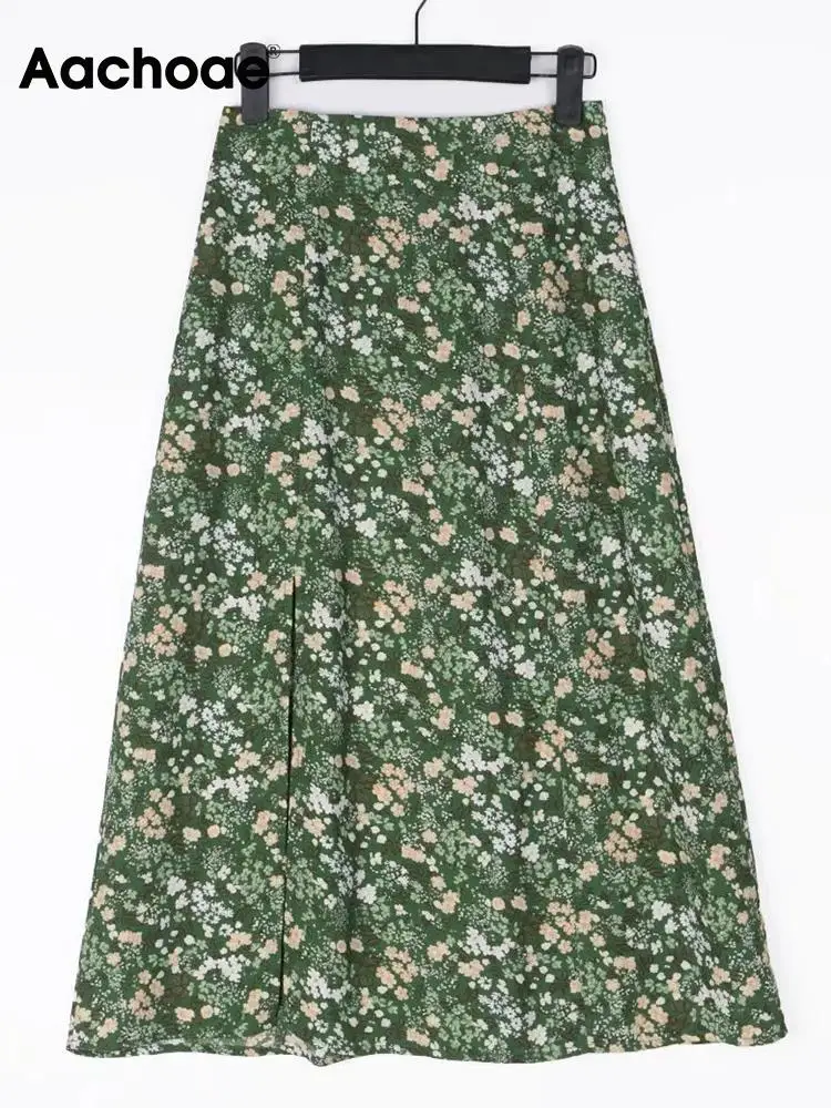 Юбка миди Женская трапециевидная с цветочным принтом разрезом завышенной талией