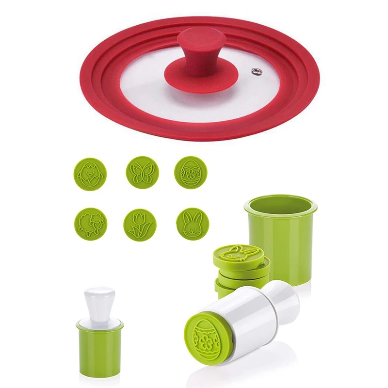 

1 Универсальная крышка для кастрюль и сковородок, силиконовая (16-18-20 см) и 6 сменных штампов для печенья, 1 круглая зеленая резка