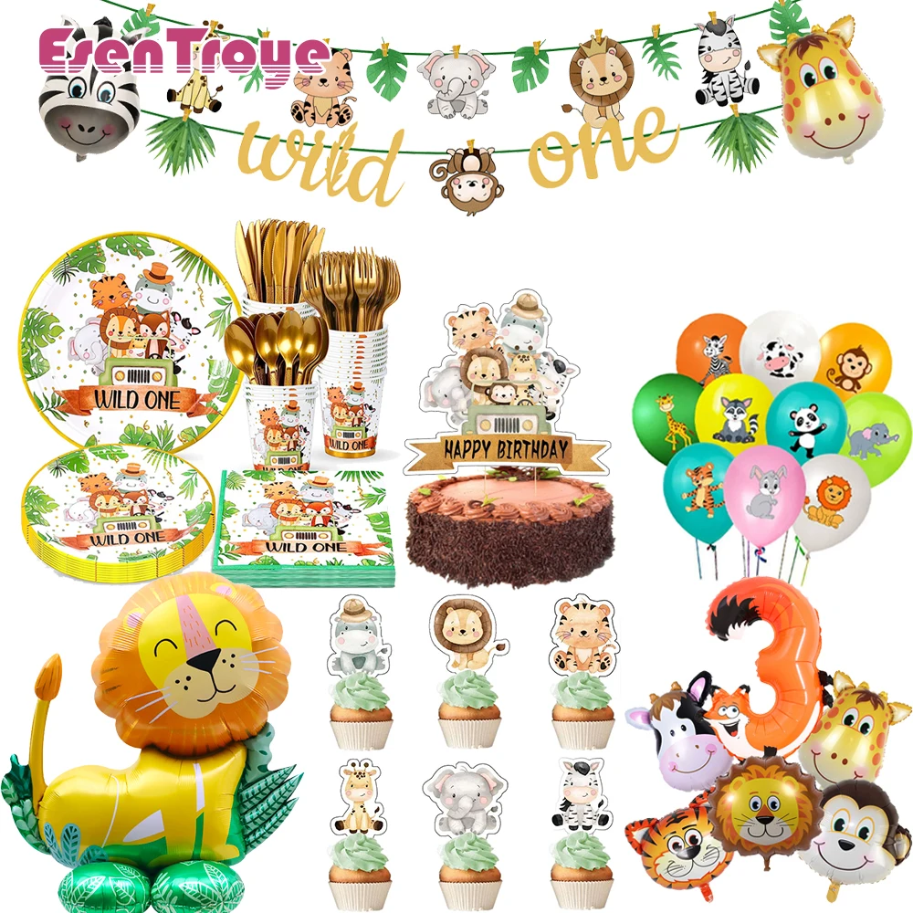 

Wild One Party Disposable Tableware Plates Cups Safari Jungle Theme Banner Birthday Decoration Supplies for Kids Gifts Goodies