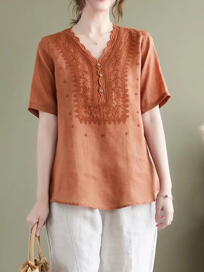 

Блузка женская с вышивкой, этническая рубашка с коротким рукавом, повседневный топ с V-образным вырезом, элегантный однотонный винтажный пу...