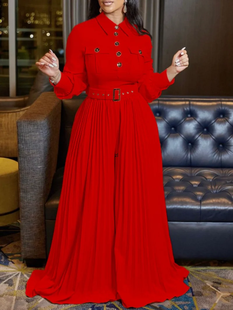 2023 Spring Summer Islamic Long Sleeve Overalls Pleated Loose Jumpsuits For Women Rompers Lady Club Female Vestidos And  Belt
