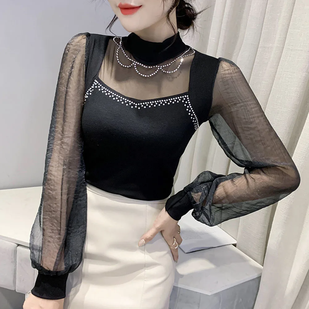 

Hot drilling Black T shirt Women 2022 Spring Autumn Long-sleeved half-high neck Bottoming shirt Patchwork Sexy Mesh Tops Tees