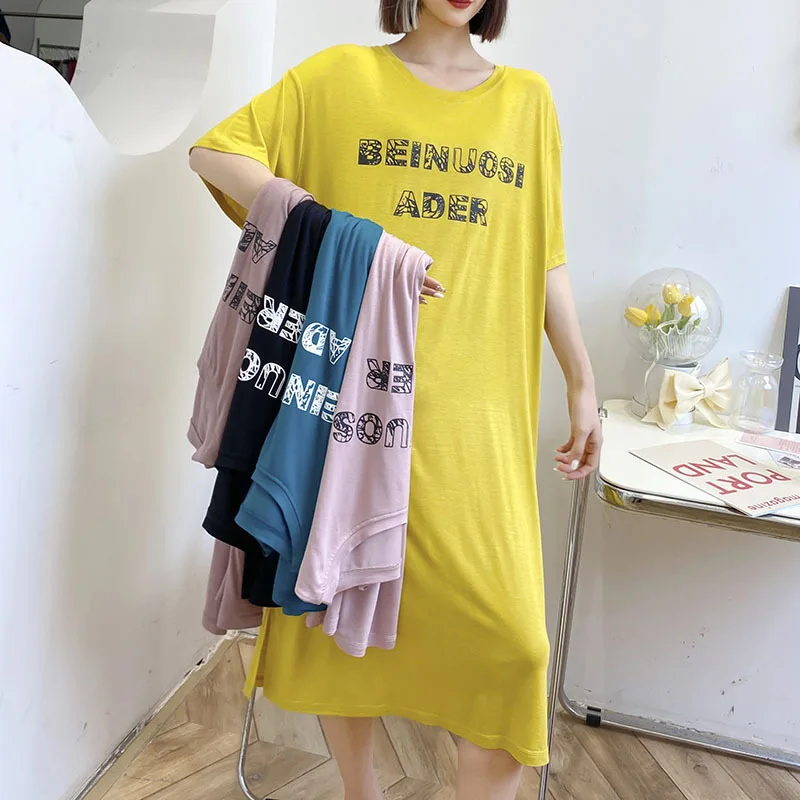 

Fdfklak High Quality Summer Sleepshirt Women Nightgown Soft Cotton Nightdress Female Short Sleeve O-Neck Sleeping Dress Letter