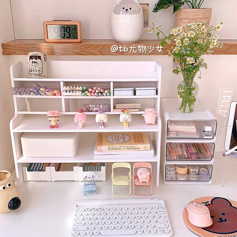 

Cute Office Desk Shelf Desk Shelf Multi-layer White Desktop Arrangement Storage Stationery Student Small Simple Rack Dormitory