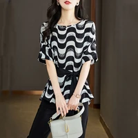 casual fashion wave pattern printed loose blouses korean 2022 summer short sleeve bandage waist chiffon shirt female clothing
