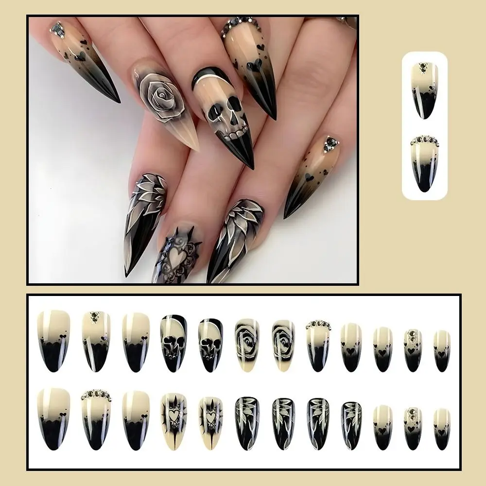 

Rose Rhinestone Halloween Skull Fake Nails Long Length Full Cover Press on Nails Detachable Wearable Grandiose Nail Women Girl