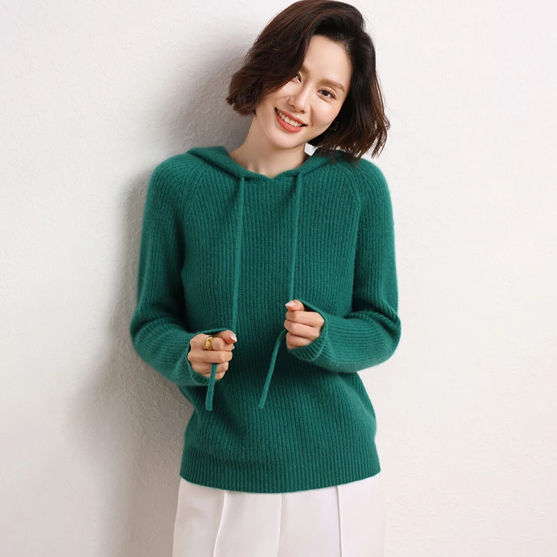 Autumn and Winter New Women's Cashmere Sweater Loose Thickened Yuanbao Needle Hooded Pullover Warm Knitting Sweater