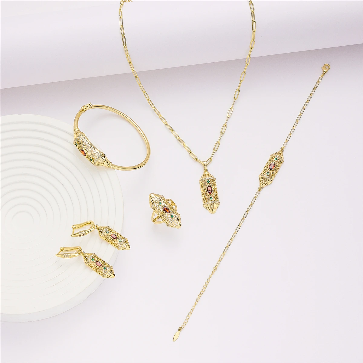 

LUIZADA 2022 Sep hot selling accessory wedding jewelry set for women Green Decorative Stone Hollow Round Necklace Bracelet