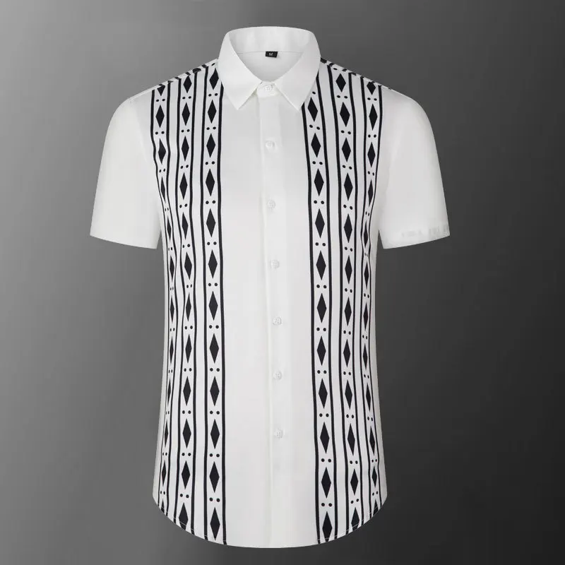 

2023 Black White Contrast Summer Short Sleeved Shirt For Men Slim Fit Business Casual Dress Shirts Social Party Tuxedo Blouse