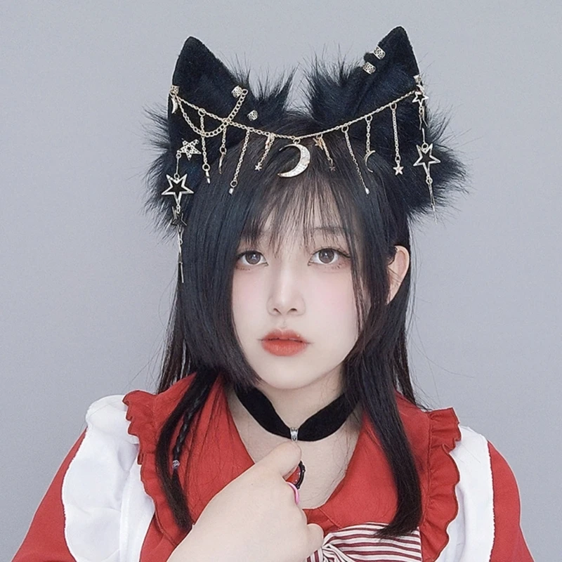 

Cute Cat Ears Cosplay Hair Hoop with Forehead Chain Woman Teens Headband for Live Broadcast Cartoon Carnivals Hairband