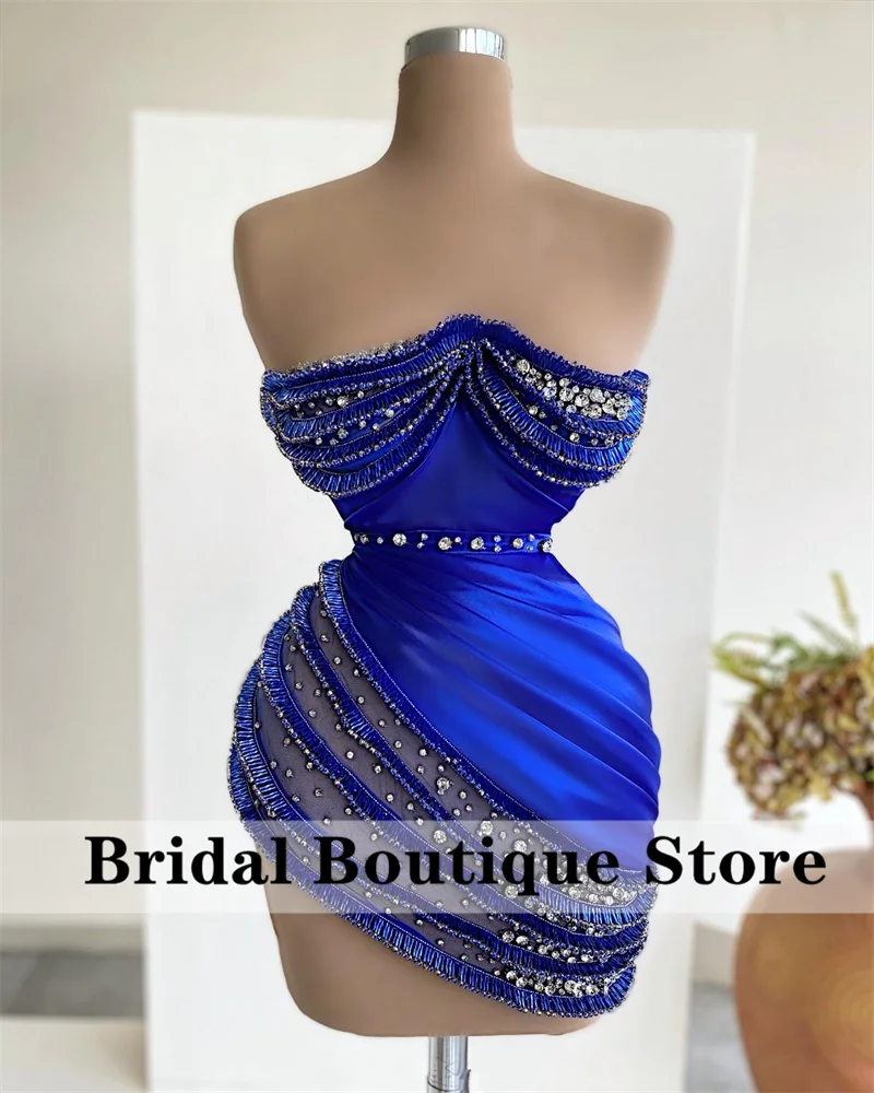 

Luxury Royal Blue Short Prom Dresses 2022 Lace Beads Crystals Rhinestones Party Gowns Mini Cocktail Dress Robe De Bal
