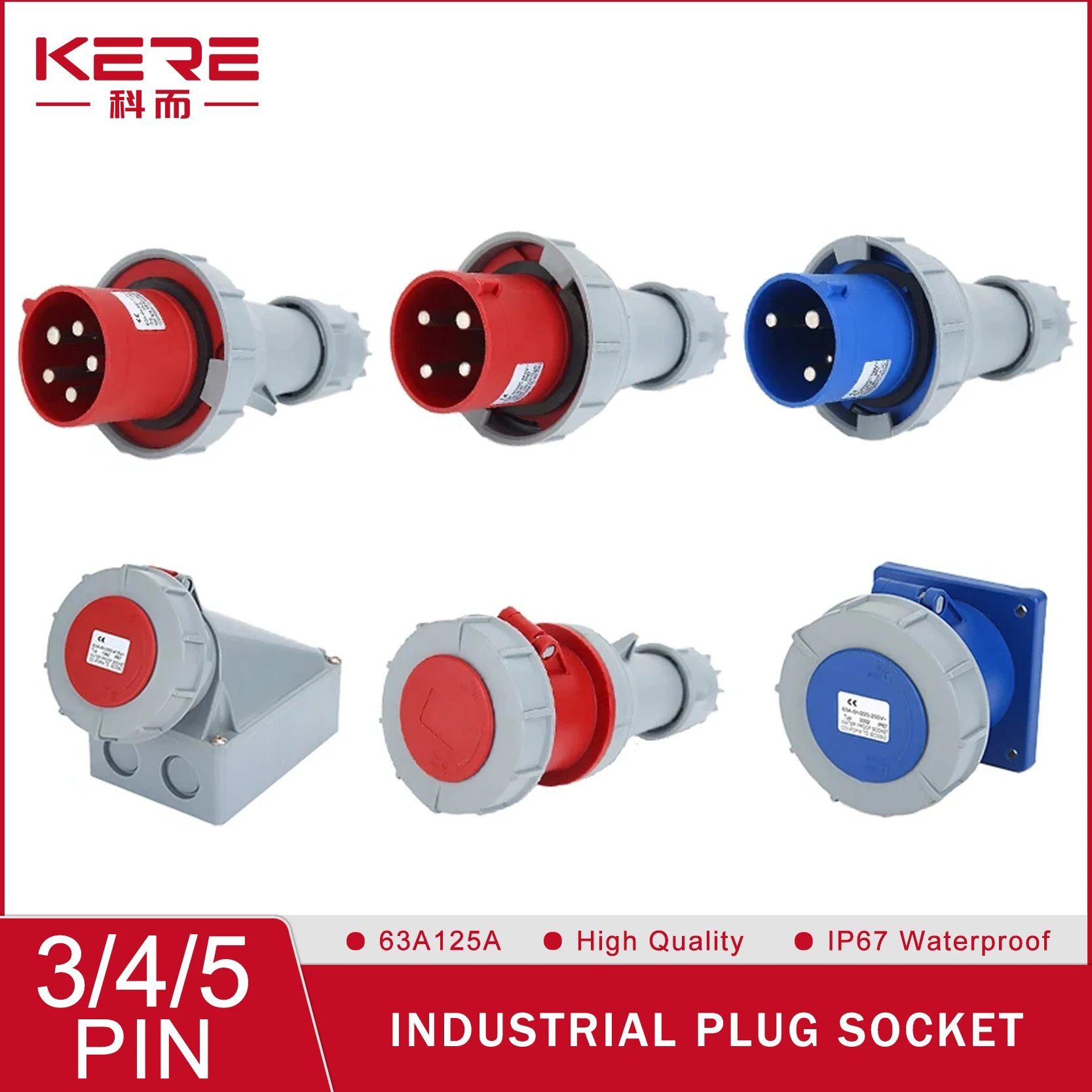 

KERE Industrial Plug 63A 125A Terminal Male Female 3/4/5 Pin Wall Mounted Socket IP67 Waterproof Electrical Connector 220V 380V