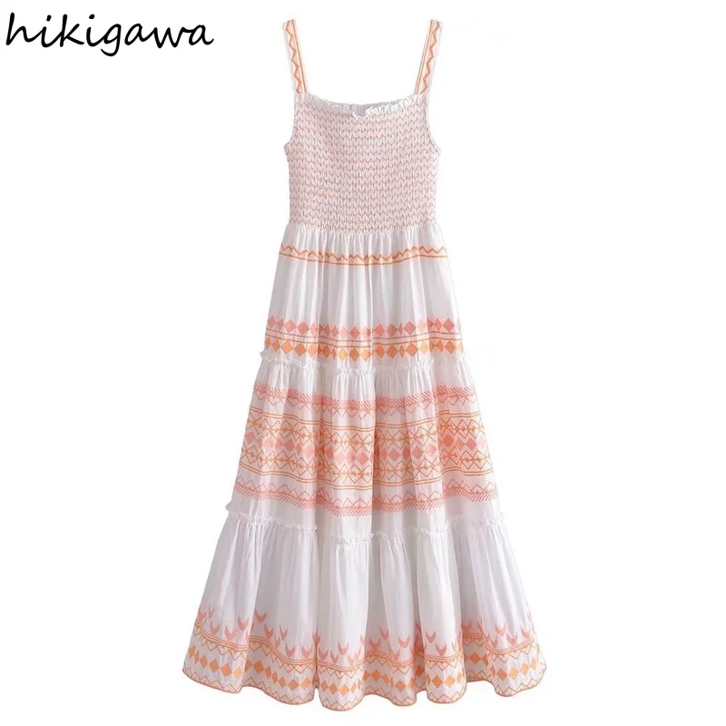 

Hikigawa Women Fashion Patch Embroidery With Pleated Maxi Dress Vintage Sleeveless Female Dresses Vestidos Mujer