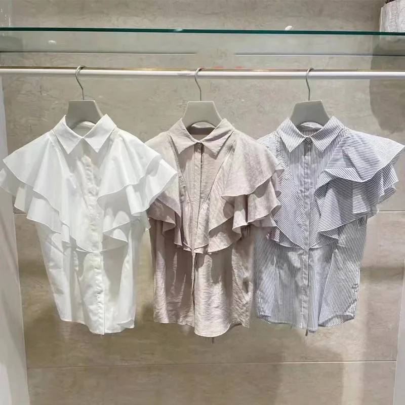 Женская блузка без рукавов Kuzuwata летняя японская рубашка с оборками лацканами