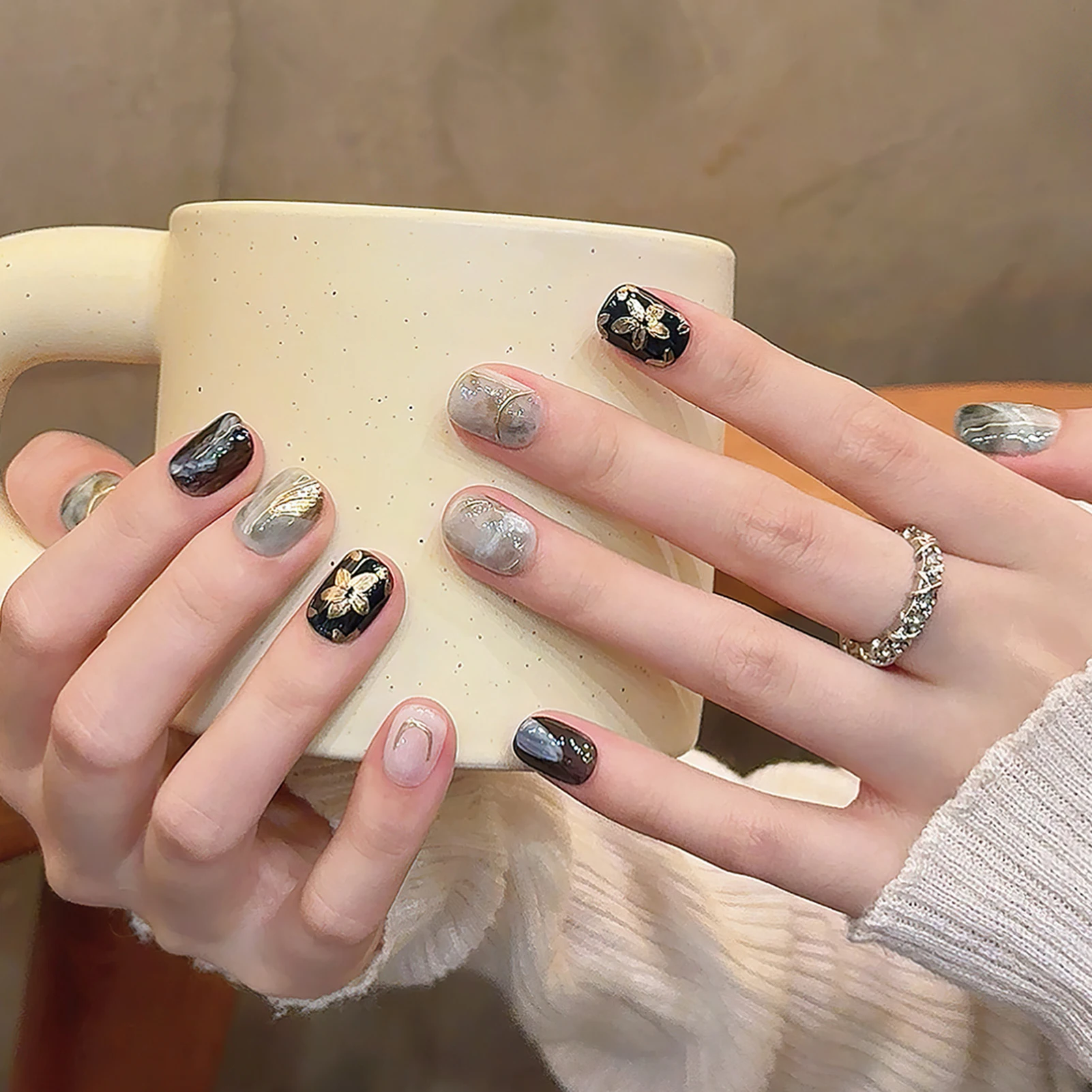 Короткие круглые квадратные накладные ногти Зеленые Синие ручная работа пресс