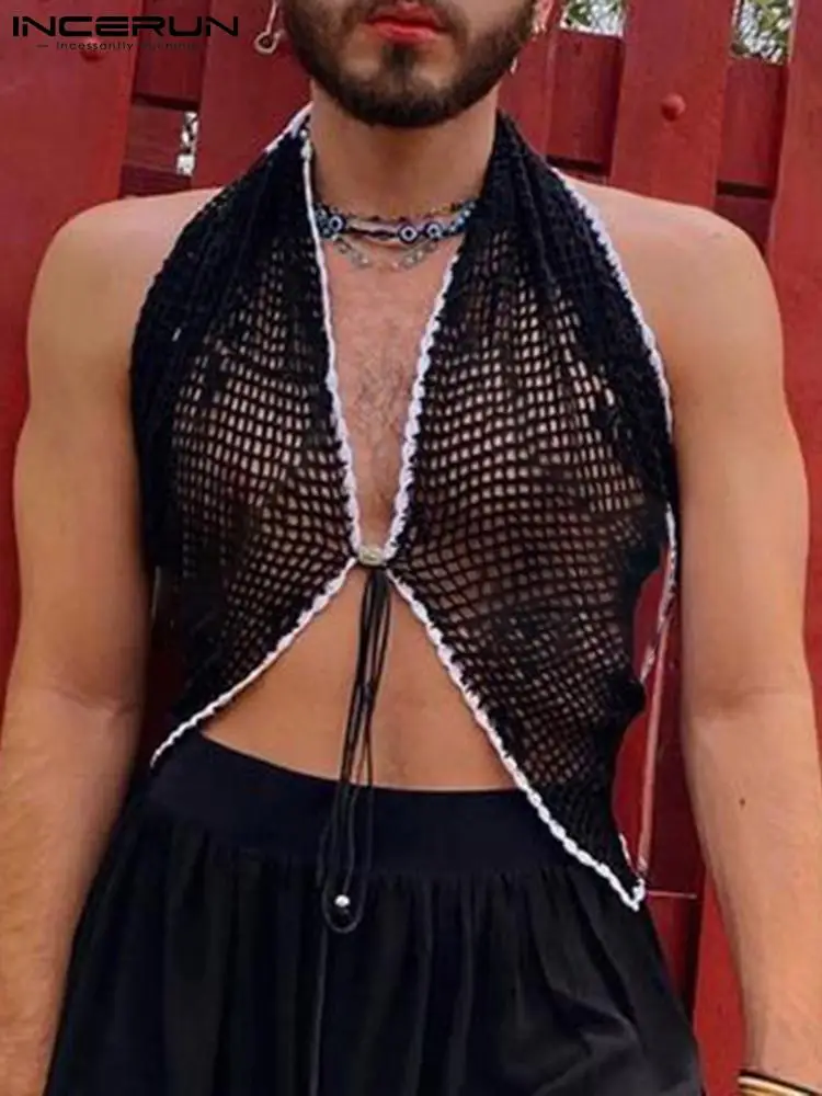 

INCERUN Men Tank Tops Mesh Transparent Patchwork Lace Up Sexy Backless Vests 2022 V-neck Sleeveless Party Vacation Men Clothing