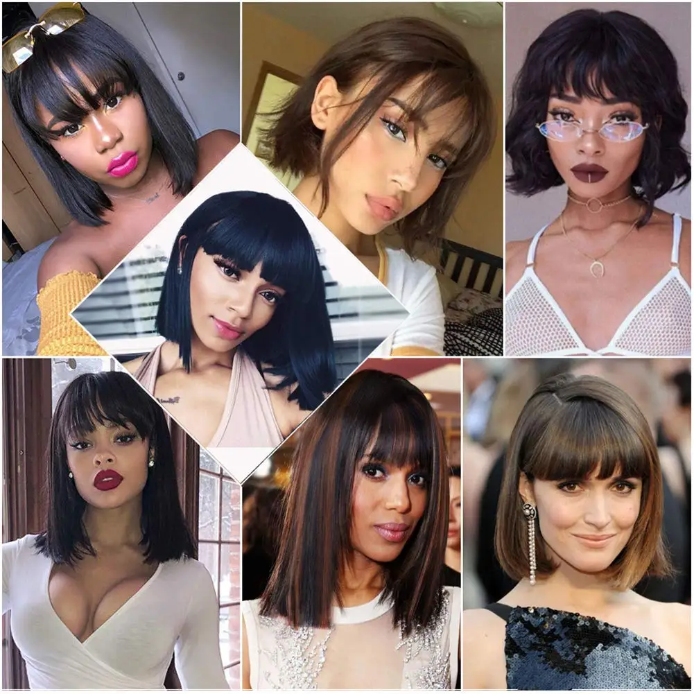 Bliss Bob with Bangs Human Hair Wig Straight Brazilian Remy Bob Hair Wigs Full Machine Made Cheap Human Hair Wigs for Women