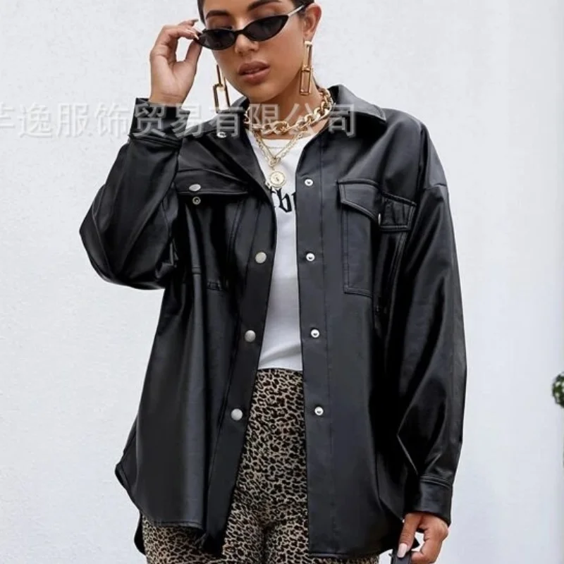 

2022 Autumn PU Leather Turn Down Collar Long Blouses Women Fashion Casual Tie Belt Loose Shirts Women Elegant Solid Tops Ladies