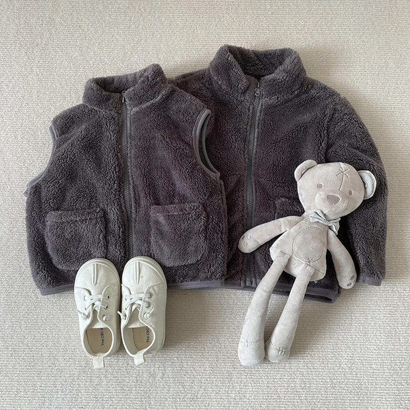 

Kids Clothes Girls Plush Vest Coats Autumn Winter Candy Color Boy Warm Jacket for Babies Stand Collar Young Children's Clothing