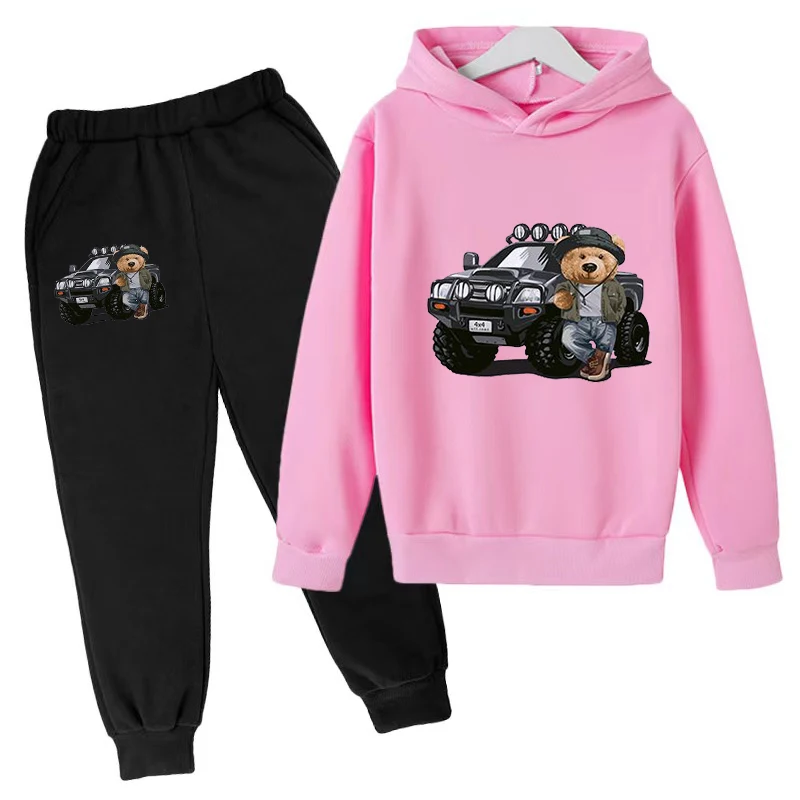 

Children's Clothing 3-13Y Holiday Gift Cartoon Car Bear Printed Kawaii Coat Top/Pants 2P Boy/girl Baby Casual Party Jogging Set