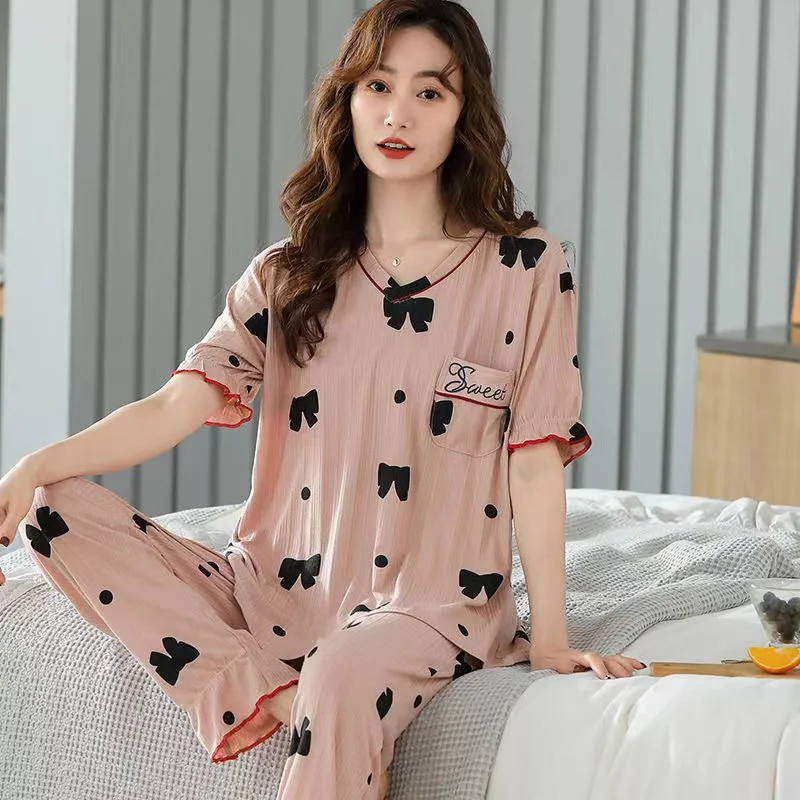 Summer Pajamas Set Women 100% Cotton Short Sleeve 2 Piece Set Nightwear Turn-Down Collar Homewear Lounge Clothes Pijama Femme