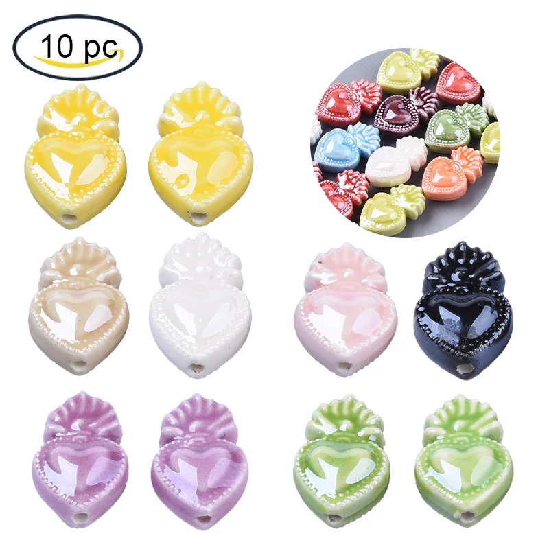 

10PCS Handmade Porcelain Beads Bright Glazed Heart Mixed Color Beads For DIY Jewelry Making 16x10.5x6.5mm, Hole: 1.2mm
