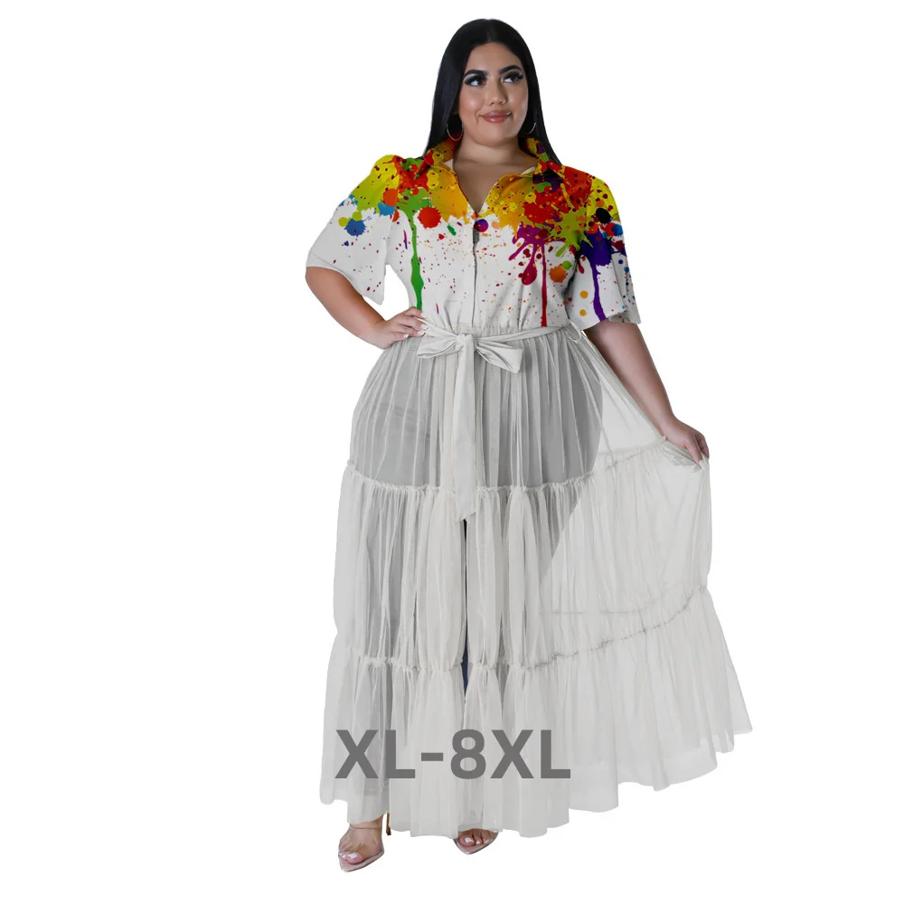 

Plus Size Fashion Printed Mesh Patchwork Women Clothing Elegant Lapel Shirt Maxi Long Dresses Whole 3xl 4xl 5xl 6xl