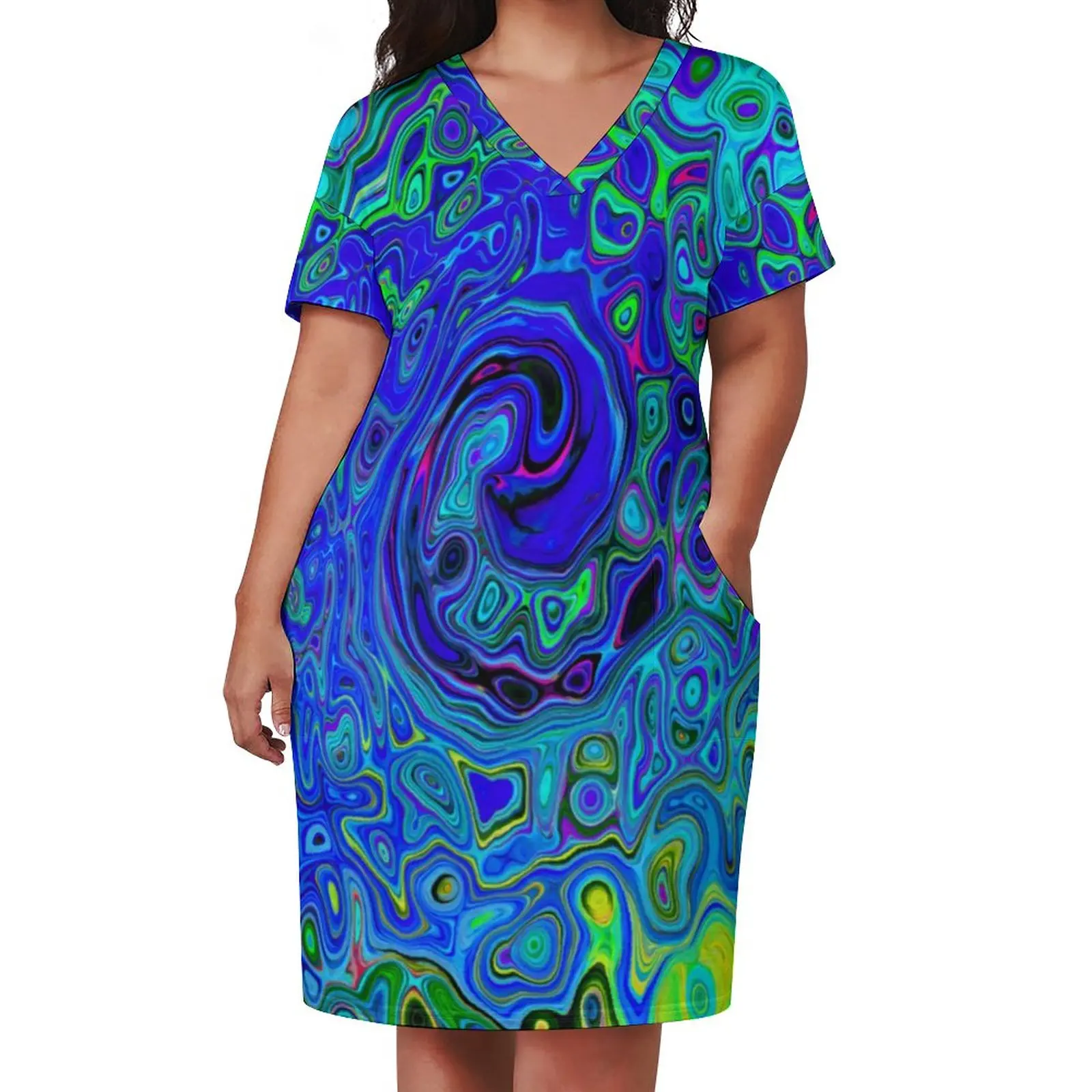 Retro Liquid Casual Dress Female Blue Abstract Print Sexy Dresses Summer V Neck Aesthetic Print Dress Plus Size