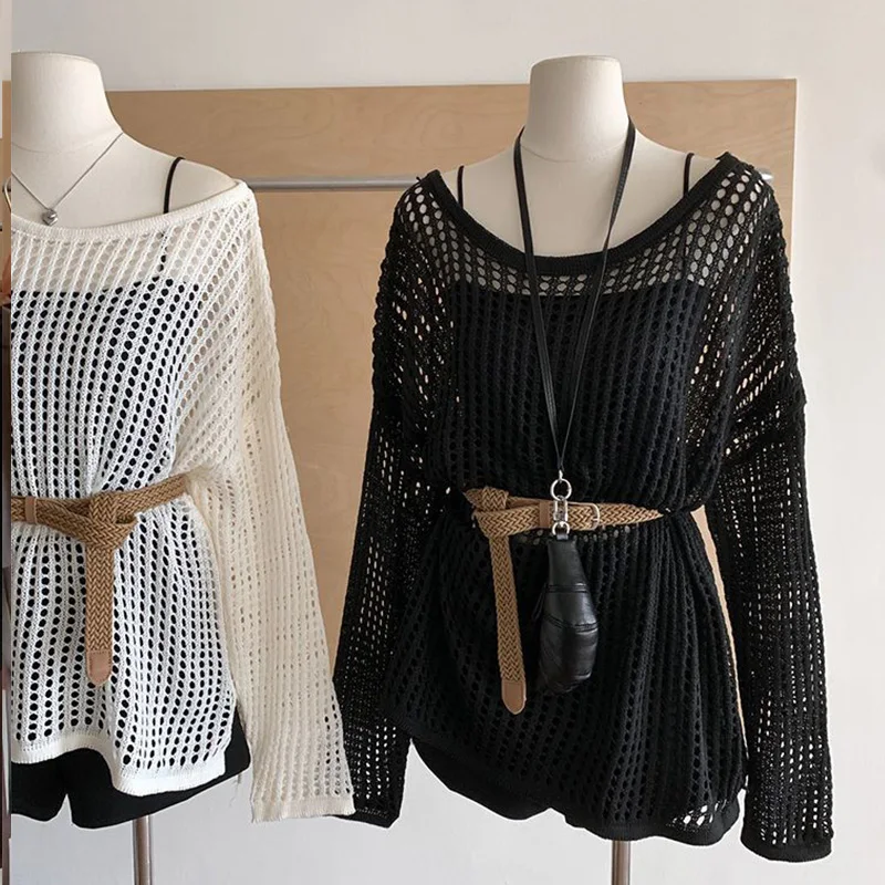 Hollow Out Knit Sweater Women Y2K Summer Sexy Slash Neck Long Sleeve Tops Fashion Loose with Belt Solid Female Pullovers