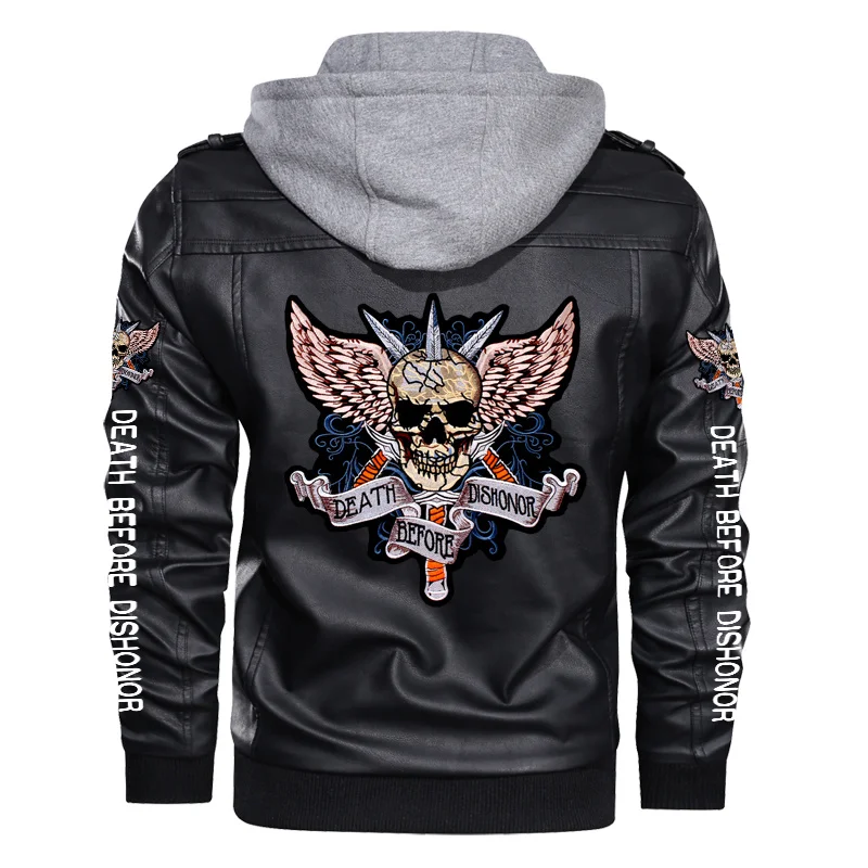 

High Quality Jackets Men Autumn Winter Leather Coat Motorcycle PU Jacket Skull Wing Print Biker Hooded Coats Casual Outwear