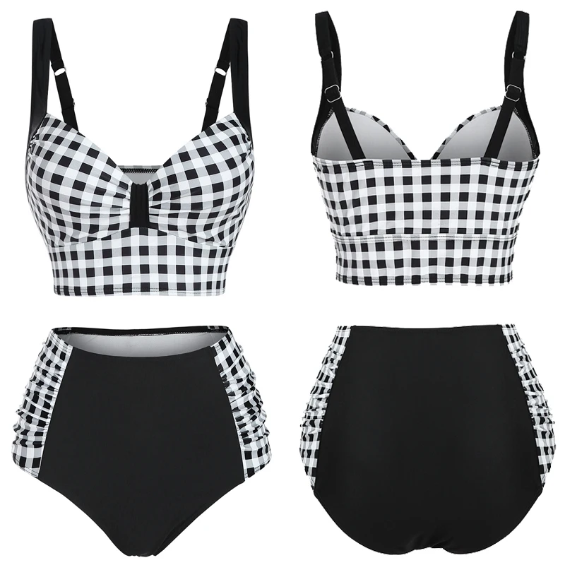 

Women's Vintage 50S Striped Plaid High Waisted Tummy Control Two Piece Swimwear Swimsuit Full Coverage