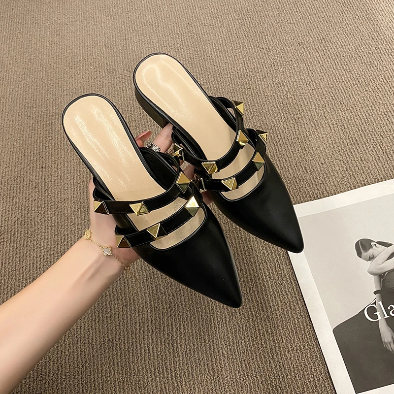 

Мюли женские с заклепками, Мягкие Шлепанцы на низком каблуке, сланцы, сланцы, модные тапочки, 2022