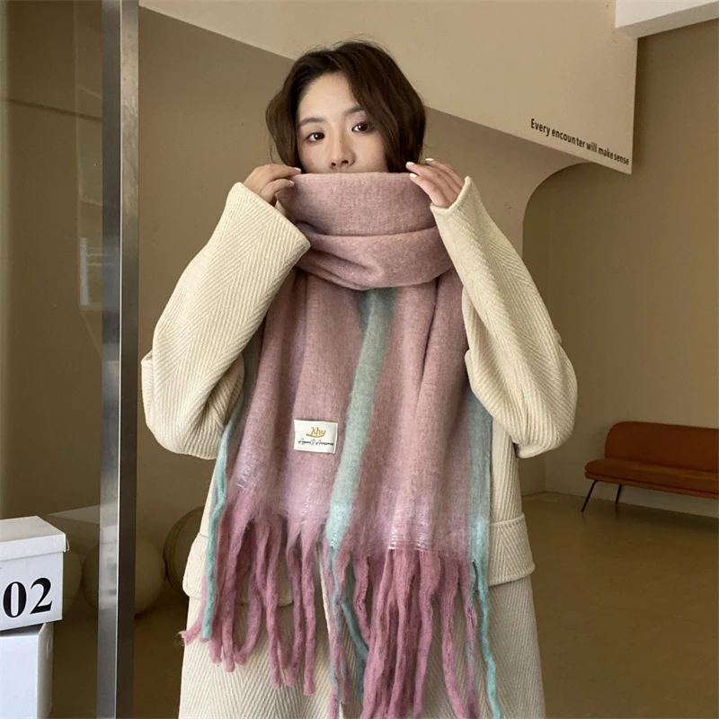 Большой зимний женский шарф двухцветные вязаные пончо накидка женская шаль