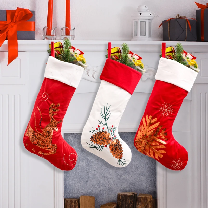 

2023 с новым годом красные рождественские чулки в клетку золотые блестки рождественские подарочные пакеты украшения носки рождественские ук...