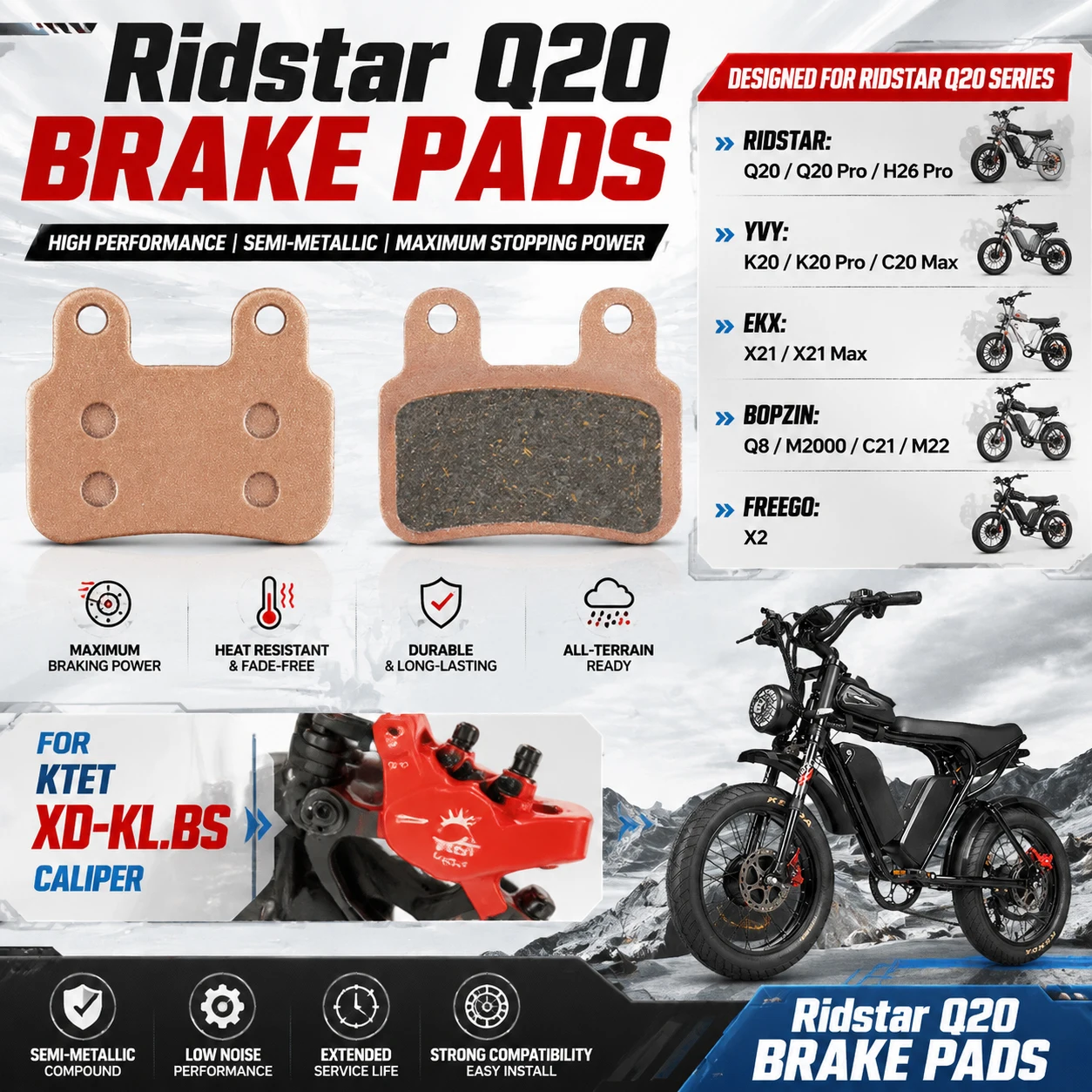 Фото Тормозные колодки Ridstar Q20 полуметаллические, антивибрационные, оптовая упаковка для EKX X21 Bopzin Q8 YVY K20 Freego X2 KTET XD-KL.BS Ebike №4