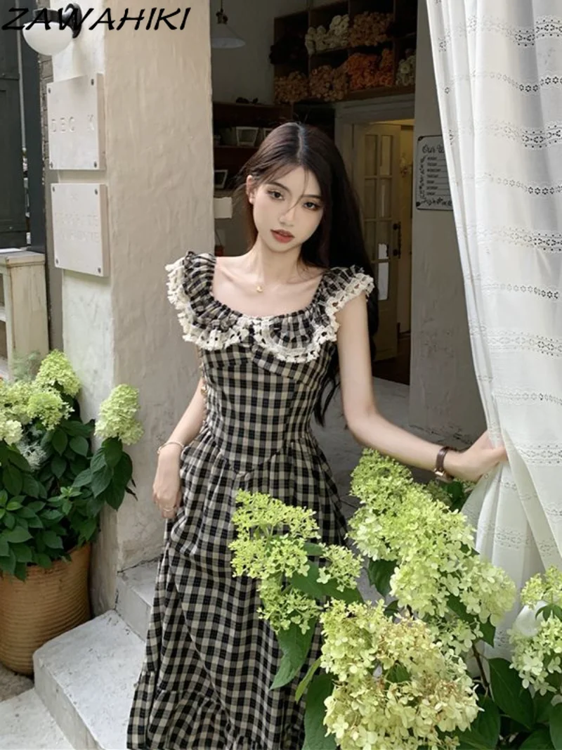 

Lace Patchwork Summer Vintage Plaid Vintage Slim Waist Long Dress Women Pleated Elegant Temperament Ruffles Preppy Y2K Vestidos