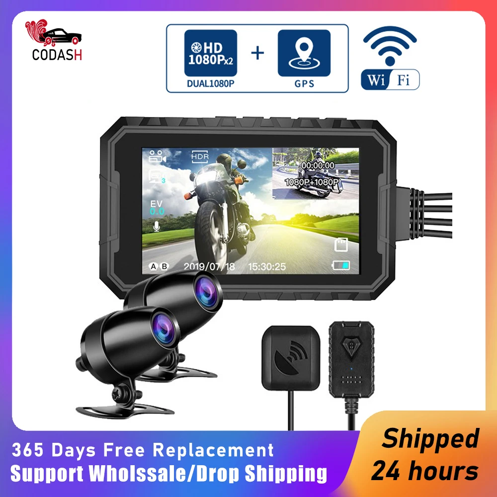 Видеорегистратор CODASH FHD, 1080P, Wi-Fi, GPS, 3 дюйма, для мотоцикла