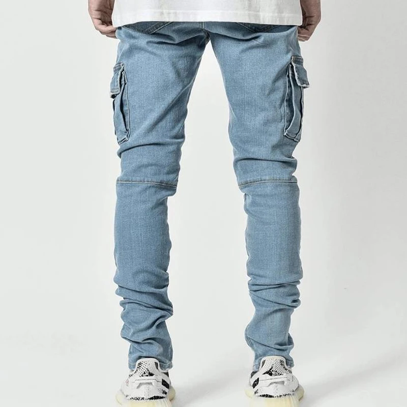 Men's Jeans Streetwear Pants Multi-Pocket Black Slim Small Foot Casual Trousers Blue High-Quality Cargo Pants Men