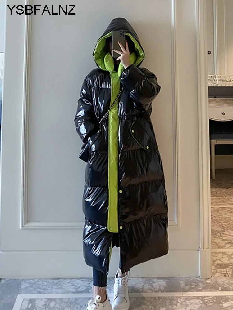 

2022 Glossy Women Winter Coats Long Warm Puffer Jackets Fashion Hooded Parka Black Windproof Down Jacket Female Outwear