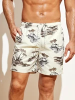 2022 new hot sale men palm tree print drawstring waist swim trunks