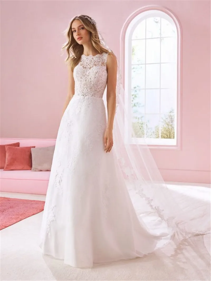 

Romantic O-Neck Appliques A-Line Wedding Dress Vintage Sleeveless Bridal Gown Floor-Length Robe de Mariee