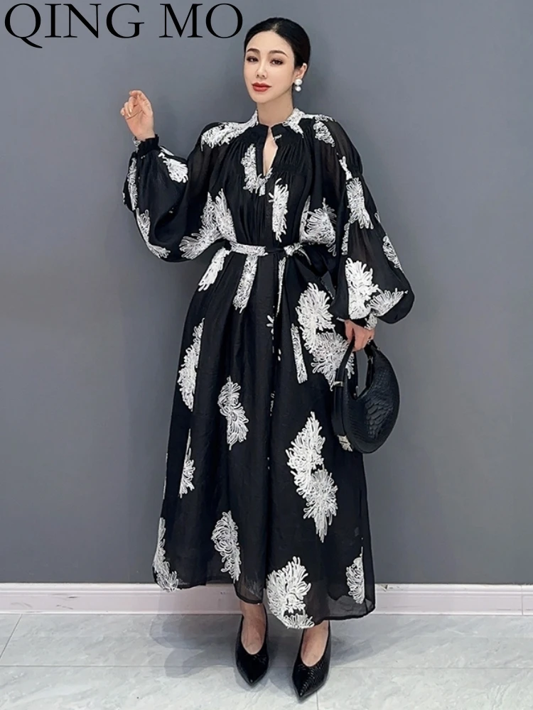 

QING MO 2023 Autumn New High Grade Black Fragmented Flower Dress Light Mature Style Personalized Fashion Girl Women Dress ZY194A