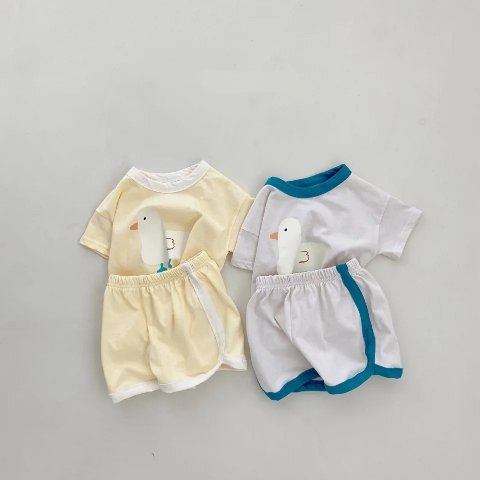 

Summer Kids Tracksuit 2Pcs Cotton Korea Boys Girls Clothings Sets Loose Clothing Toddler Cartoon Tops+Shorts Clothes Outfits