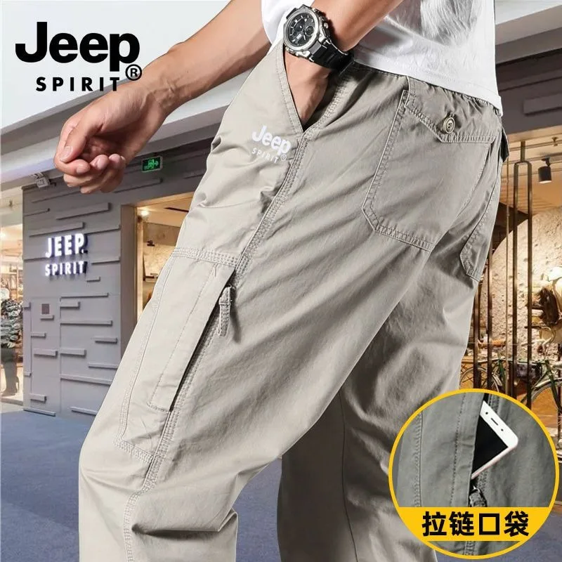 Jeep Spring and Autumn Thin Cotton Overalls Men's Loose Washed Casual Trousers High Waist Straight Multi-pockets